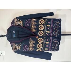 vintage Women's Embroidered Black Jacket Colorful  Small Passports Pier one